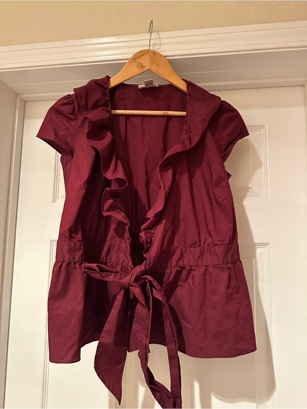 LOFT Ruffled Tie-Front Cap Sleeve Blouse in Wine